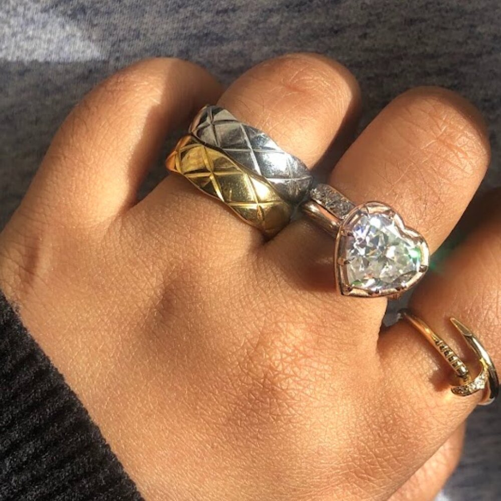2 pc quilted gold silver stainless steel rings size 6 - Picture 2 of 4